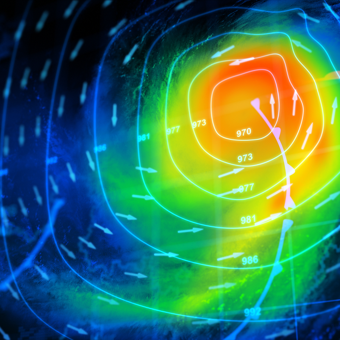 Colorful weather map showing pressure systems with isobars and arrows indicating wind direction. The center is red, transitioning to blue towards the edges.