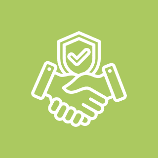 Two hands shaking with a shield and checkmark above them, symbolizing trust and agreement on a green background.