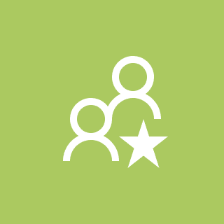 Two outlined human figures and a star symbol on a light green background.